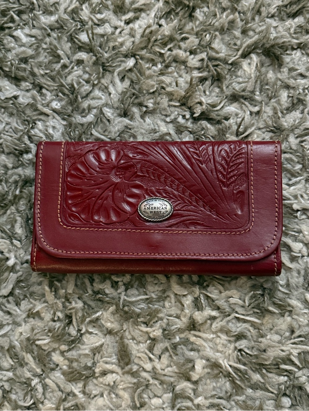 American West Floral Tooled Leather Wallet - Wine Red